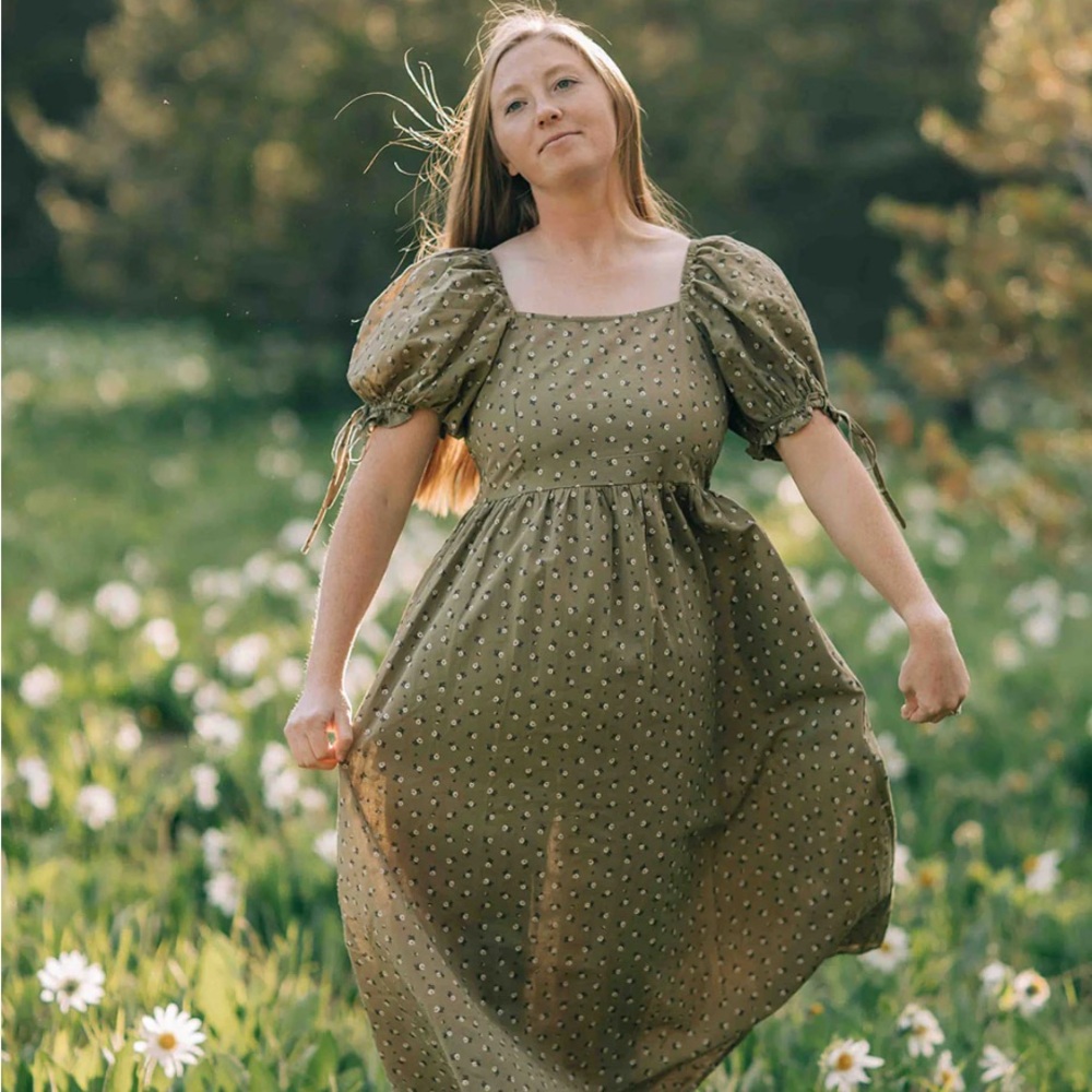 100% Cotton Olive Green Puff Sleeve Midi Dress